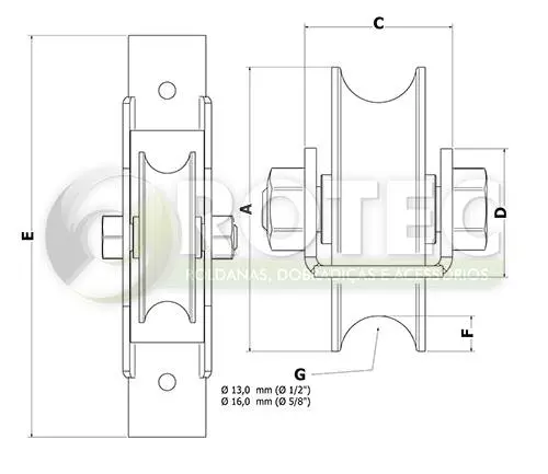 Roldana canal U ferro 1/2'' com suporte aberto com parafusos