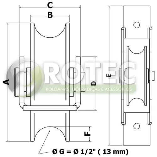 Roldana NYLON canal U ferro 1/2'' com suporte aberto
