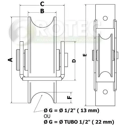 Roldana nylon canal U TUBO GALVANIZADO ½" com caixa aberta